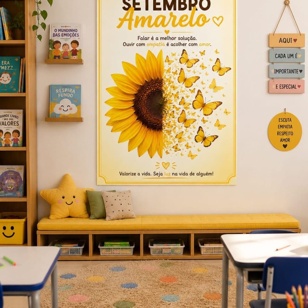 Painel Setembro Amarelo girassol e borboletas